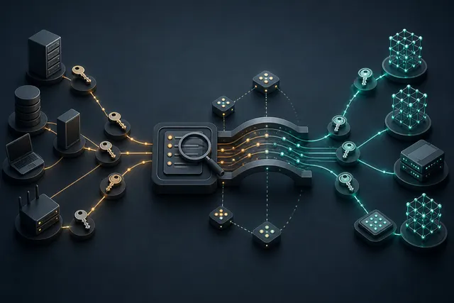 A cryptographic inventory and compatibility bridge connect conventional public-key systems to post-quantum key establishment and signing systems.
