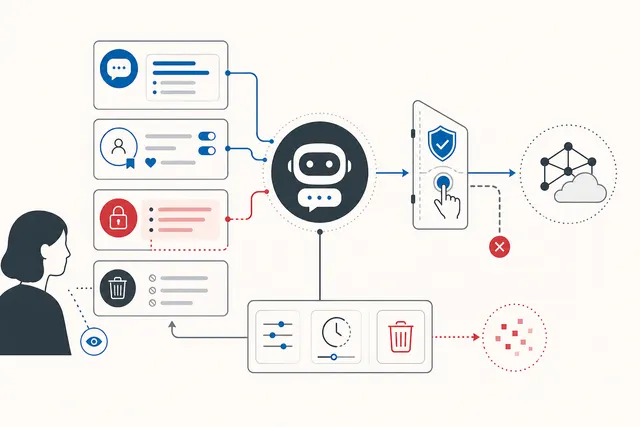 An assistant connects to separate conversation, preference, and sensitive-data compartments through consent, retention, deletion, and external-service gates.