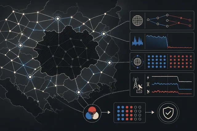 A dark regional network zone is observed by independent routing, traffic, DNS, and infrastructure measurement layers.