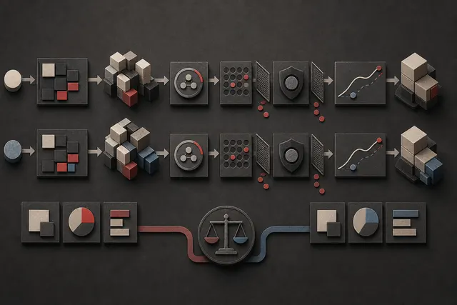 Two software delivery paths pass through review, defect, security, and maintainability checks before their outcomes are compared.