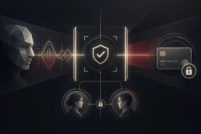 An abstract synthetic face and voice signal pass through a verification shield before a protected payment and two-person approval.