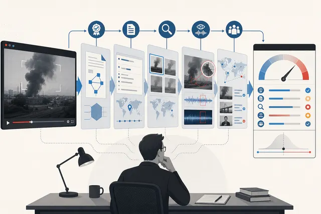 A media frame passes through provenance, metadata, search, forensic, and independent context checks before an evidence assessment.