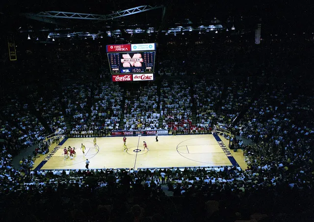 Photograph: Crisler Arena, UM Basketball, wide angle court view, vs Indiana 1993.