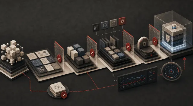Model, data, package, and deployment components pass through provenance and security checkpoints with monitoring and rollback paths.