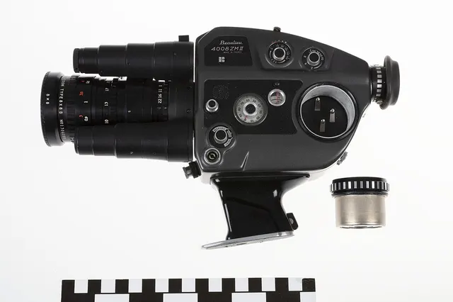 Photograph: Vintage 8mm movie camera on display.