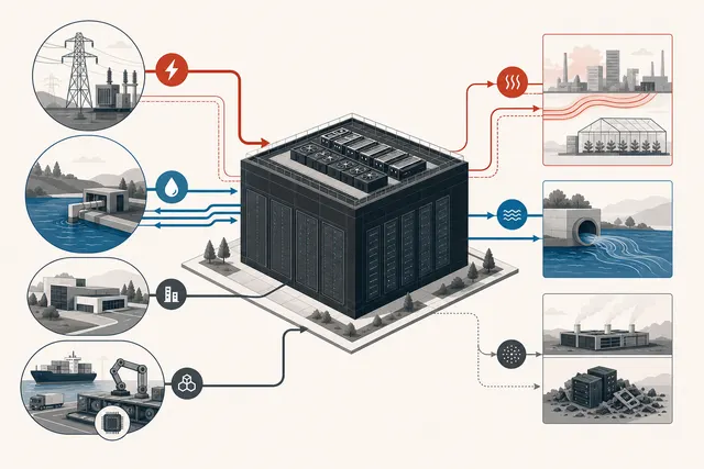 A data center connects to distinct electricity, cooling water, land, and hardware resource flows with waste heat output.
