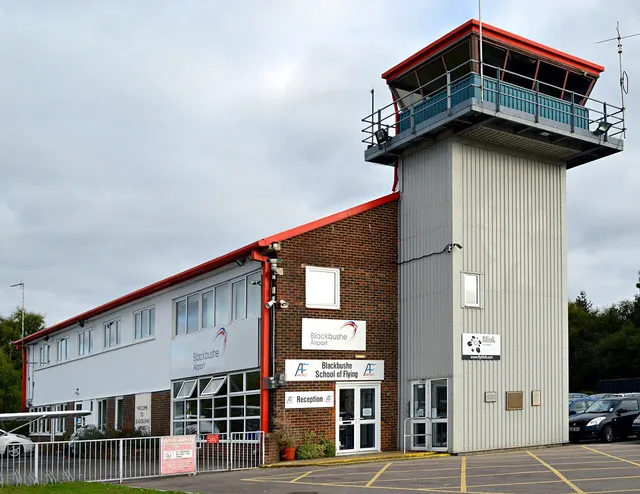 Photograph: Airport control tower at Blackbushe Airport.