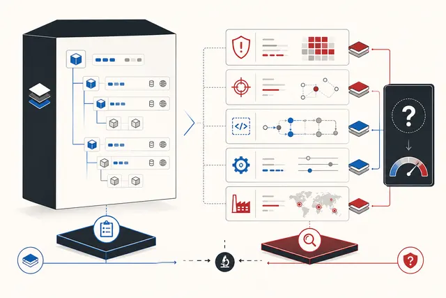 A structured software component inventory is separated from vulnerability, exploitability, reachability, configuration, and operational-risk evidence.