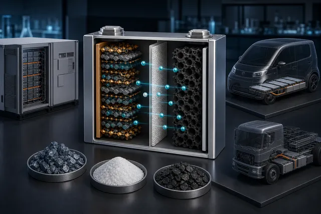 A cutaway sodium-ion cell sits between stationary storage, compact vehicle, and heavy-duty starter applications with representative raw materials.