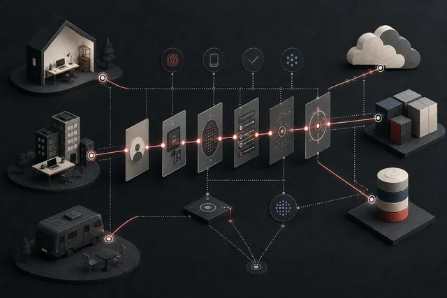 Distributed users, devices, applications, and data pass through identity, device, permission, logging, and recovery checkpoints without a trusted perimeter.